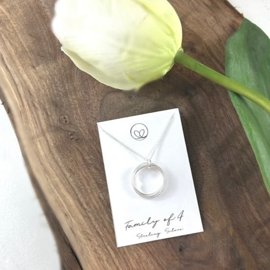 Family of 5 sterling silver necklace with five intertwined rings, symbolizing the unbreakable bond between family members. Handcrafted on an 18” silver chain.