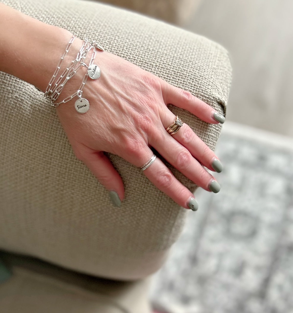Sterling silver paperclip necklace with three custom 99.9% fine silver mini disc charms, designed for versatile wear as a long, short, lariat-style necklace or bracelet.