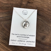 Fine silver 18" owl necklace, handcrafted from 99.9% pure silver, representing wisdom, knowledge, and protection—a timeless symbol of strength and patience.