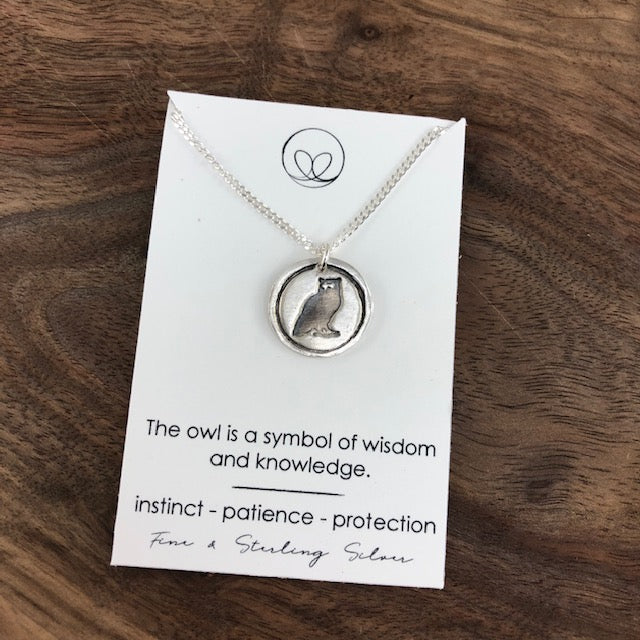 Fine silver 18" owl necklace, handcrafted from 99.9% pure silver, representing wisdom, knowledge, and protection—a timeless symbol of strength and patience.