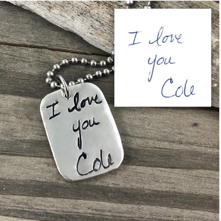 Fine silver dog tag pendant, personalized with up to 14 letters of custom or handwritten text from a letter or card—a sentimental gift for him.