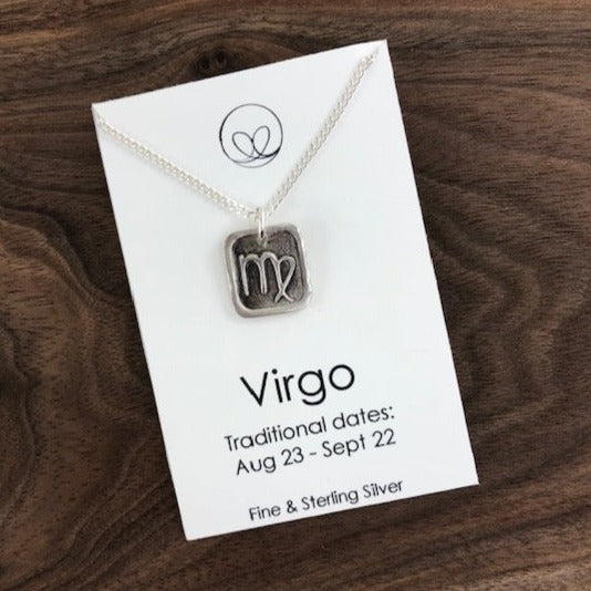 Virgo pendant on an 18" sterling silver chain.  The pendant is handmade with fine silver. 