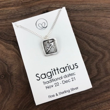 Sagittarious pendant on an 18" sterling silver chain.  The pendant is handmade with fine silver. 