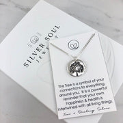 Fine silver tree pendant on an 18” curb chain, symbolizing connection to family and nature. Handcrafted with patina accents for added detail.